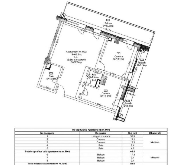 3 camere, semifinisat, 66 mp,  terasa 20 mp, 2 bai, Complex Wings