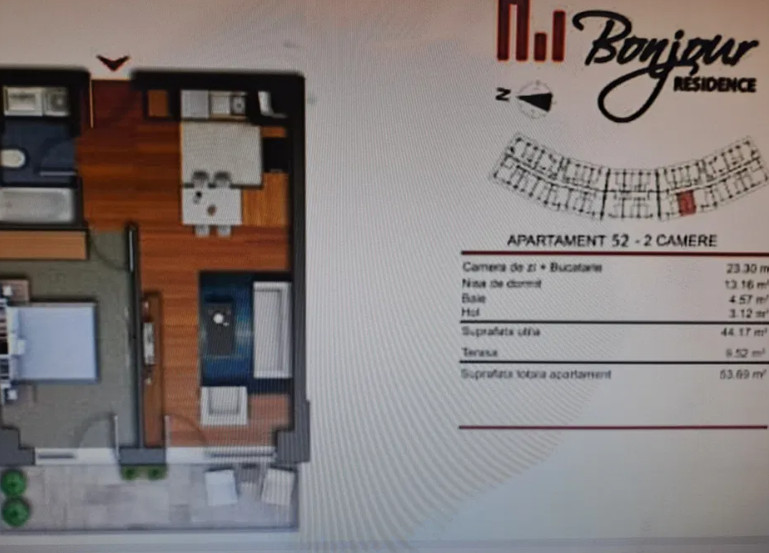 2 camere ,45 mp,  terasa, zona str Buna-Ziua, Bonjour Residence