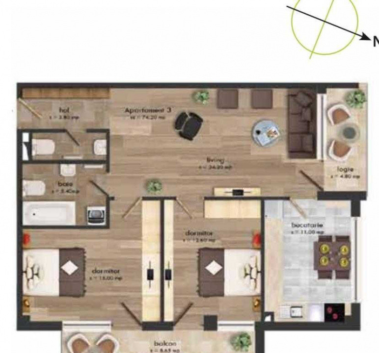 3 camere, decomandat, 85 mp,  terasa, parcare, zona str. Buna Ziua