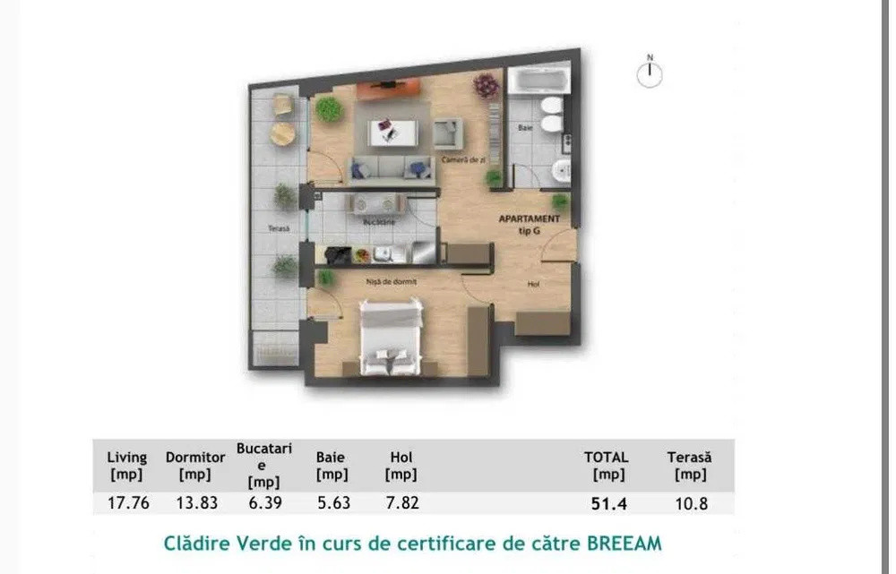 2 camere, 51 mp,  terasa, zona str. Buna-Ziua-Sophioa Residance